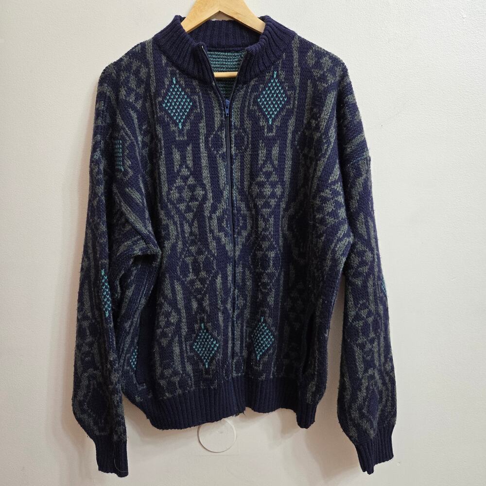 Vintage Grandpa Cardigan Sweater Zip Cosby Wool Blend Itailian Geometric XL